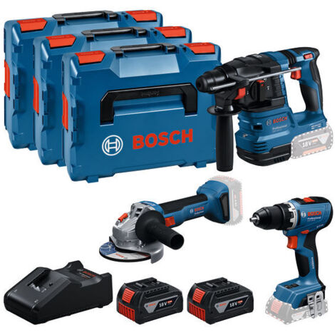 Bosch – Akku-Bohrschrauber GSR 18V-65 + Bohrhammer GBH 18V-22 + Winkelschleifer GWS 18V-8 – 3-teiliges Set mit 2 Akkus 5Ah – Für Beton und Metall (1/5)