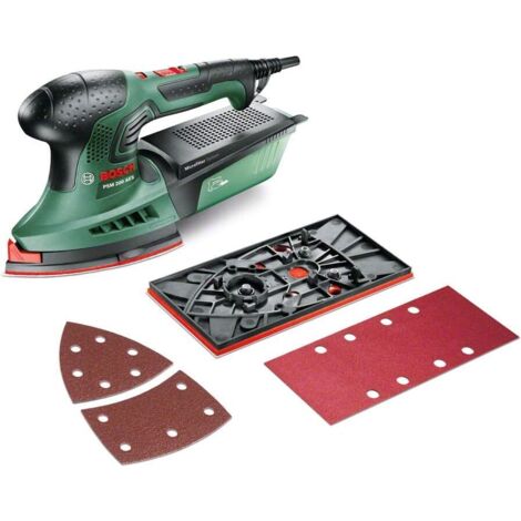 Bosch Multi Schleifmaschine PSM 200 AES (200 Watt, 2 Schleifplatten, 2 Schleifpapiere, Schleiffläche bügeleisenform: 104 cm², Schleiffläche rechteckig: 164 cm²)