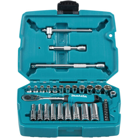 Makita – Ratschen- und Steckschlüsselsatz 34-teilig – 8 Torx-Bits, 12 Sechskantnüsse, 9 Sechskant-Langnüsse – Inkl. Kunststoff-Koffer (1/4)