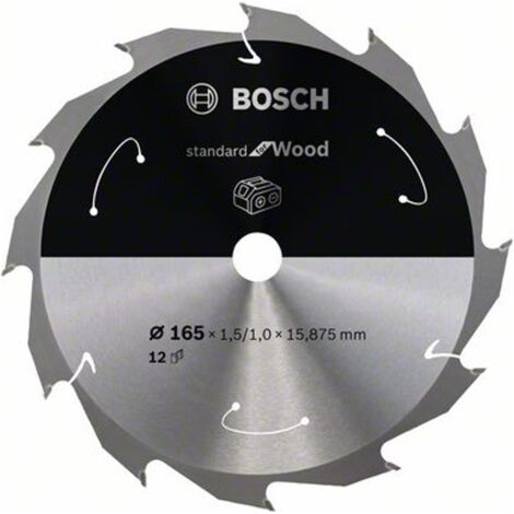 Bosch Akku-Kreissägeblatt Standard for Wood, 165 x 1,5/1 x 15,87, 12 Zähne, Freiwinkel 10°, Spanwinkel 25°