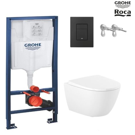 Bastidor GROHE pack cisterna empotrada y pulsador Negro Mate con inodoro WC suspendido Roca Ona Blanco 48 cm (1/5)
