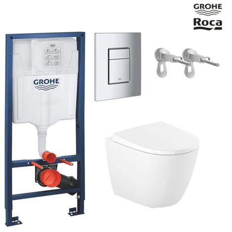 Bastidor GROHE pack cisterna empotrada y pulsador cromo con inodoro WC suspendido Roca Ona Blanco 48 cm (1/5)