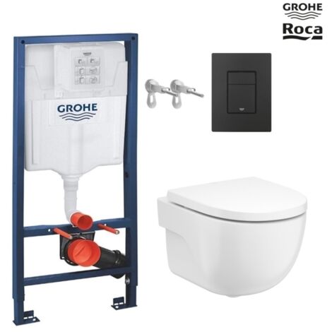 Bastidor GROHE pack cisterna empotrada y pulsador negro mate con inodoro WC suspendido Roca Meridian Blanco 48 cm de SAT