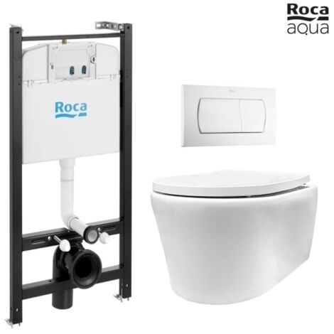 Pack Bastidor ROCA Active Cisterna Empotrada y Pulsador Blanco Brillo + Inodoro Suspendido Rimless LIA Soft-Close de AzulBath