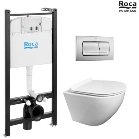 Bastidor ROCA Active pack cisterna empotrada y pulsador Cromo mate con inodoro suspendido ROUND de KP blanco Tapa fina