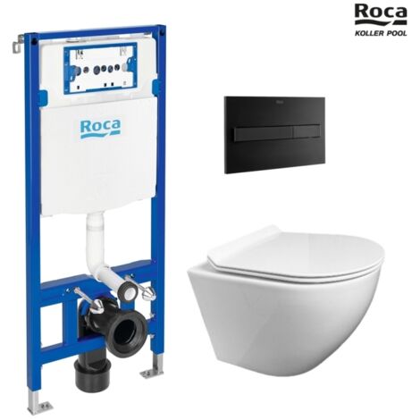 BASTIDOR ROCA DUPLO PACK CISTERNA EMPOTRADA Y PULSADOR PL7 DUAL NEGRO CON WC SUSPENDIDO KP ROUND SMART Blanco Tapa fina