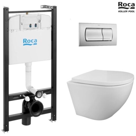 Bastidor ROCA Active pack cisterna empotrada y pulsador Cromo mate con inodoro suspendido ROUND de KP blanco (1/5)