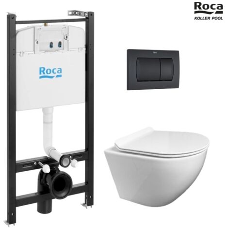 ROCA Active pack cisterna empotrada y pulsador Negro Mate con inodoro suspendido ROUND de KP blanco Tapa fina