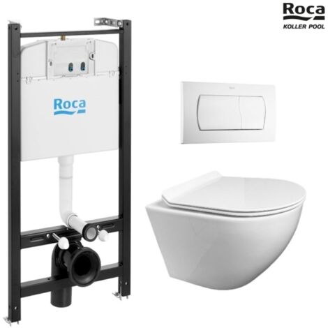 Bastidor ROCA Active pack cisterna empotrada y pulsador Blanco con inodoro suspendido ROUND de KP blanco Tapa Fina