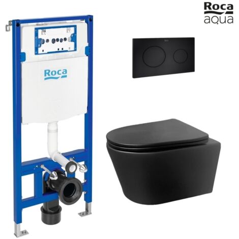 BASTIDOR ROCA DUPLO PACK CISTERNA EMPOTRADA Y PULSADOR PL10 NEGRO MATE CON INODORO SUSPENDIDO Rimless LIA Negro de AzulBath