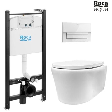 Bastidor empotrado ROCA Active Pack con cisterna y pulsador blanco new, con inodoro suspendido Rimless LIA blanco de AzulBath