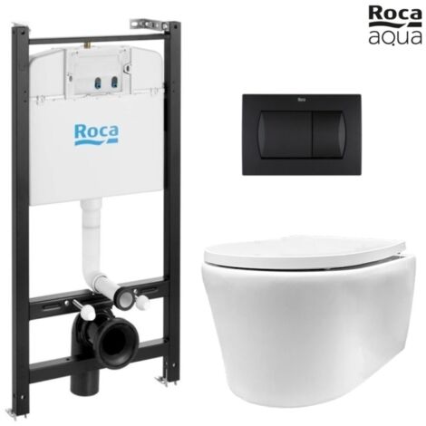 Bastidor empotrado ROCA Active Pack con cisterna y pulsador negro mat, con inodoro suspendido Rimless LIA blanco br de AzulBath