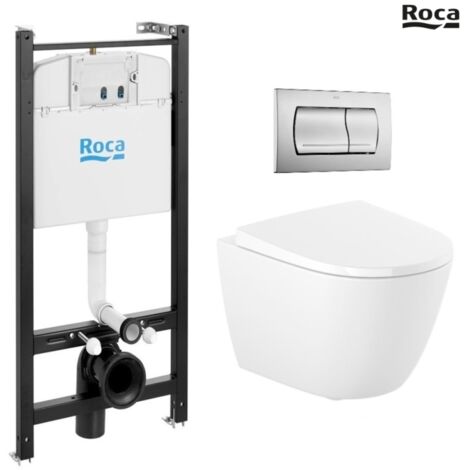 Bastidor ROCA Active pack cisterna empotrada y pulsador PVC cromo mate con inodoro suspendido Rimless ROCA Ona blanco