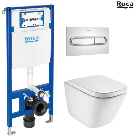 Bastidor ROCA DUPLO con cisterna empotrada, pulsador PL1 cromo br con inodoro suspendido ROCA THE GAP con sistema rimless