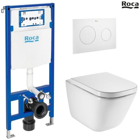 Bastidor ROCA DUPLO con cisterna empotrada y pulsador PL10 blanco mate con inodoro suspendido ROCA THE GAP con sistema rimless