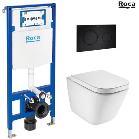 Bastidor ROCA DUPLO con cisterna empotrada y pulsador PL10 negro mate con inodoro suspendido ROCA THE GAP con sistema rimless
