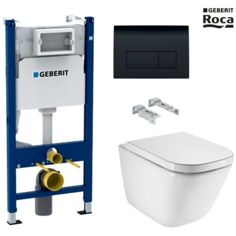 Bastidor GEBERIT Pack cisterna empotrada y pulsador DELTA 50 negro br con inodoro suspendido ROCA THE GAP rimless