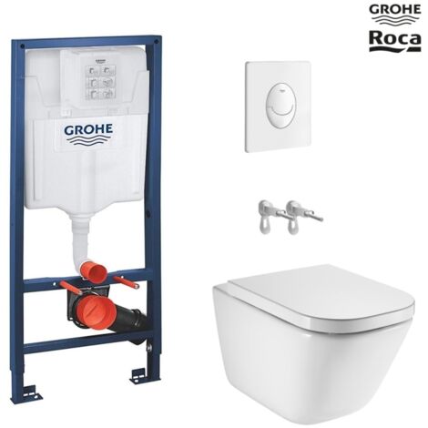 Bastidor GROHE Pack Cisterna empotrada y pulsador SKATE AIR blanco brillo con inodoro susp ROCA THE GAP rimless