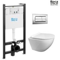 ROCA Active pack cisterna empotrada y pulsador Cromo brillo con inodoro suspendido ROUND de KP blanco Tapa Fina