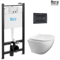 ROCA Active pack cisterna empotrada y pulsador Negro Mate con inodoro suspendido ROUND de KP blanco Tapa fina