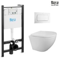Bastidor ROCA Active pack cisterna empotrada y pulsador Blanco brillo con inodoro suspendido ROUND de KP blanco