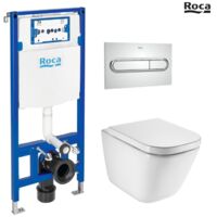 Bastidor ROCA DUPLO con cisterna empotrada, pulsador PL1 cromo br con inodoro suspendido ROCA THE GAP con sistema rimless