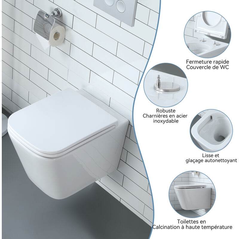 WC Suspendu En Céramique Sans Rebord – Chasse Double 4/6L, Abattant Fermeture Douce, Capacité 400 Kg, Blanc