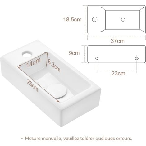 Lave mains rectangle design blanc - Mini lavabo de comptoir et lavabo suspendu - Trou de robinetterie à gauche - 37 x 18.5 x 9 cm