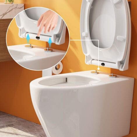 Cuvette WC Suspendu Court - Rinçage sans Rebord - en Céramique - Blanc - Abattant Softclose en Plastique - Abaissement Automatique à Fermeture en Douceur - Kit de Montage Mural - Design Moderne