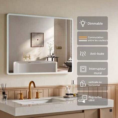 HOROW Miroir de salle de bain acrylique LED , Anti-buée, Dimmable, Fonction  Mémoire, Lumière neutre - 90