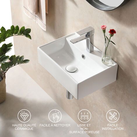 Horow – Vasque suspendue en céramique – Lavabo rectangulaire blanc 45 x 31 x 13 cm – Installation murale ou sur plan de travail – Surface lisse facile à nettoyer