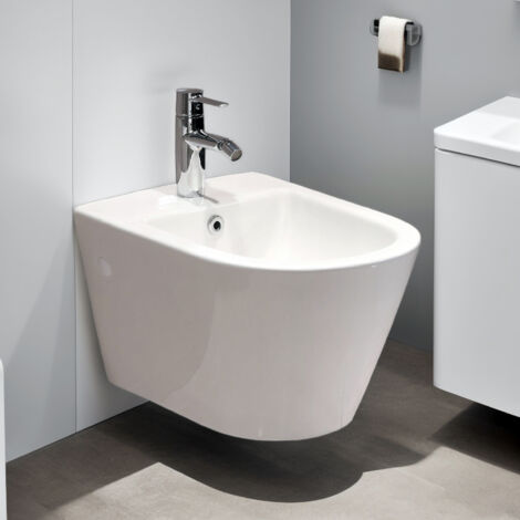 Horow – Bidet suspendu céramique blanc – Montage mural avec trou pour robinet – Système de trop-plein pour salle de bains moderne