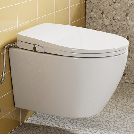 WC suspendu avec douche, abattant WC mural avec fonction bidet avec deux buses pour douche arrière et douche de femme, cuvette avec bidet pour toilettes sans prise électrique