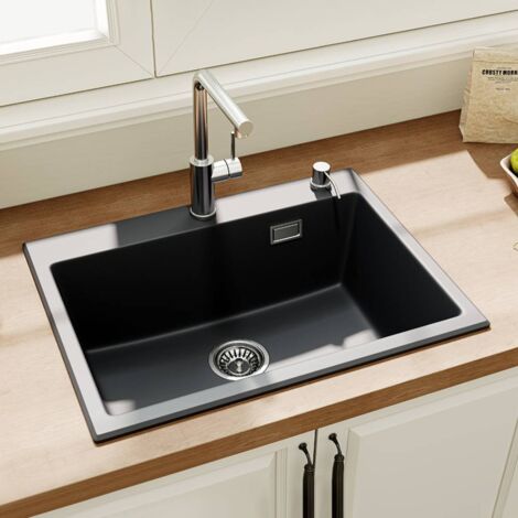 HOROW 60x45 cm Évier de cuisine en granit encastrable - évier encastré, grand évier de cuisine à 1 bac avec siphon, évier noir avec trou pour robinet