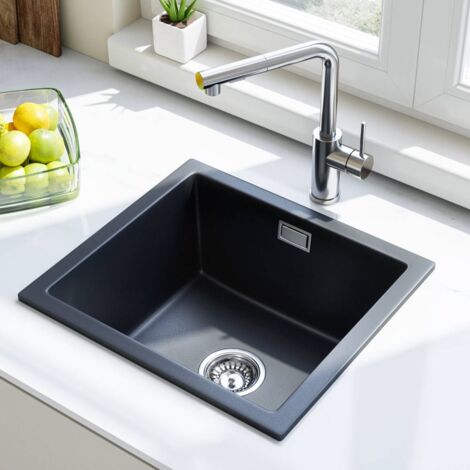 HOROW 45x40 cm Évier en granit noir, 1 bac encastrable, 80 % sable de quartz, avec siphon (1/5)