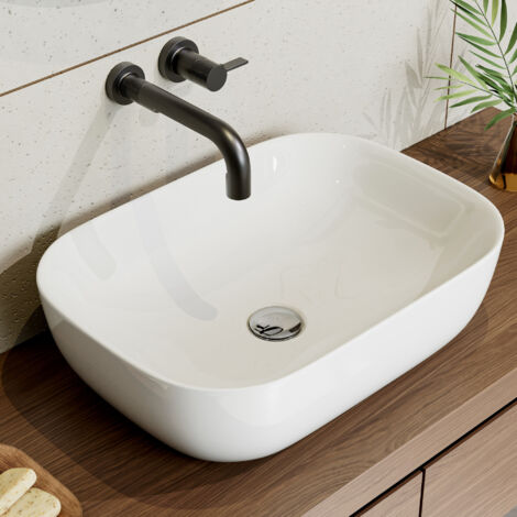 Horow – Vasque à poser 46x33 cm en céramique blanche – Lave-mains compact sans trou de robinetterie – Évacuation rapide – Surface anti-salissures