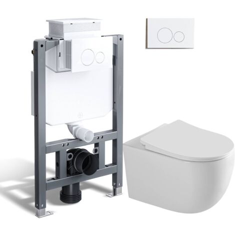 Complet Pack WC Suspendu 82 cm bâti-support WC à réservoir + WC Suspendu + plaque de chasse d'eau blanche HOROW