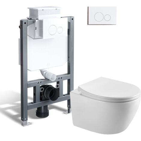 Complet Pack WC Suspendu - 82 cm bâti-support pour WC à réservoir + WC Suspendu + Plaque de déclenchement ronde blanche