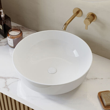 Vasque à poser ovale ronde 41,5 cm, vasque blanc brillant pour salle de bain WC invités HOROW