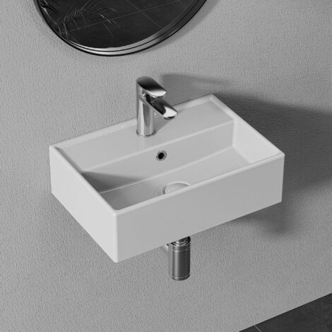 Lavabo en céramique, blanc, à mur carré, pour invités, lavabo suspendu ou à poser, avec trou de robinet, 45 x 31 cm HOROW