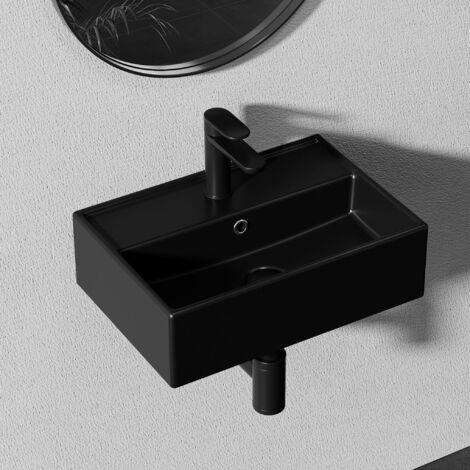 Lavabo en céramique, noir, à mur carré, pour invités, lavabo suspendu ou à poser, avec trou de robinet, 45 x 31 cm HOROW