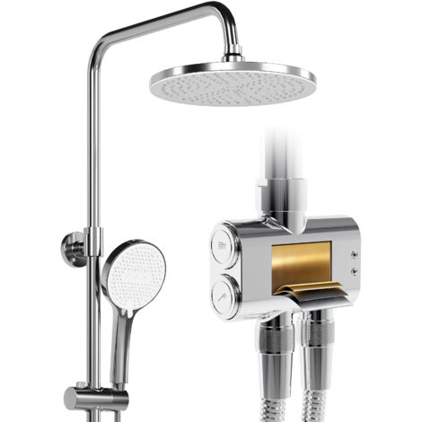 HOROW système de douche effet pluie, pommeau de douche rond de 25 cm, 5 jets, kit de douche effet pluie chromé, valve en laiton, hauteur réglable