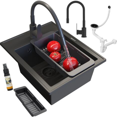 Évier de Cuisine en Granit Noir Granitan avec Robinet Flexible, Siphon et Panier - 1 Bac - 50x40 cm (1/5)