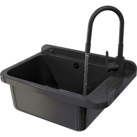Évier Utilitaire Granitan Negra en Polypropylène Noir pour Garage, Chaufferie, Buanderie avec Siphon et Mitigeur Flexible - 1 Ensemble