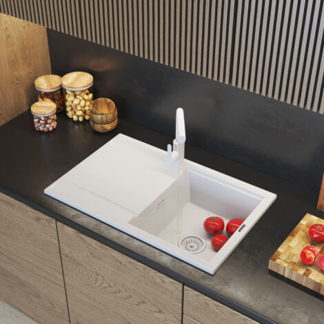 PRIMAGRAN Evier cuisine Granit Rond Blanc 53x53cm, Evier 1 bac + Kit de Vidage + Accessoires, Lavabo Cuisine au meuble 50cm