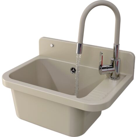 Évier de Service Granit Beige Paron avec Robinet Beige Flexible et Accessoires Inclus