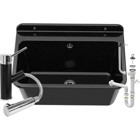 Évier de Service Granitan Polo avec Mitigeur et Siphon pour Garage, Buanderie, Chaufferie – Polypropylène Noir, 61x41 cm