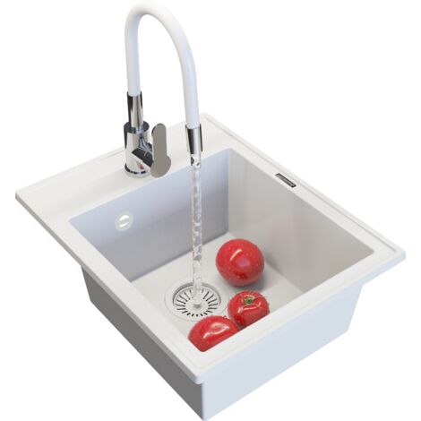 Évier en Granit Blanc Cassé NERO avec Robinet Flexible et Siphon - 1 Bac - 50x40 cm