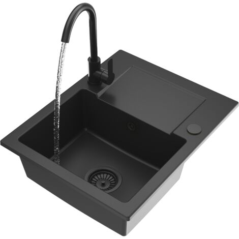 Évier en Granit 1 Bac Fabro Granitan avec Robinet et Siphon Noir 58,5x47,5 cm (1/5)