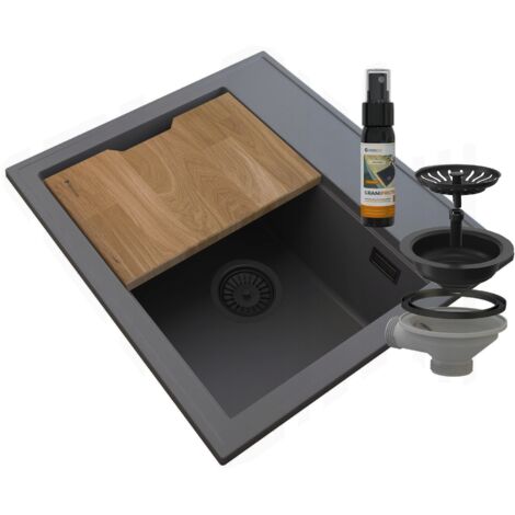FOXAL ÉVIER EN GRANIT GRIS SIPHON NOIR TROP-PLEIN RECTANGULAIRE (1/5)